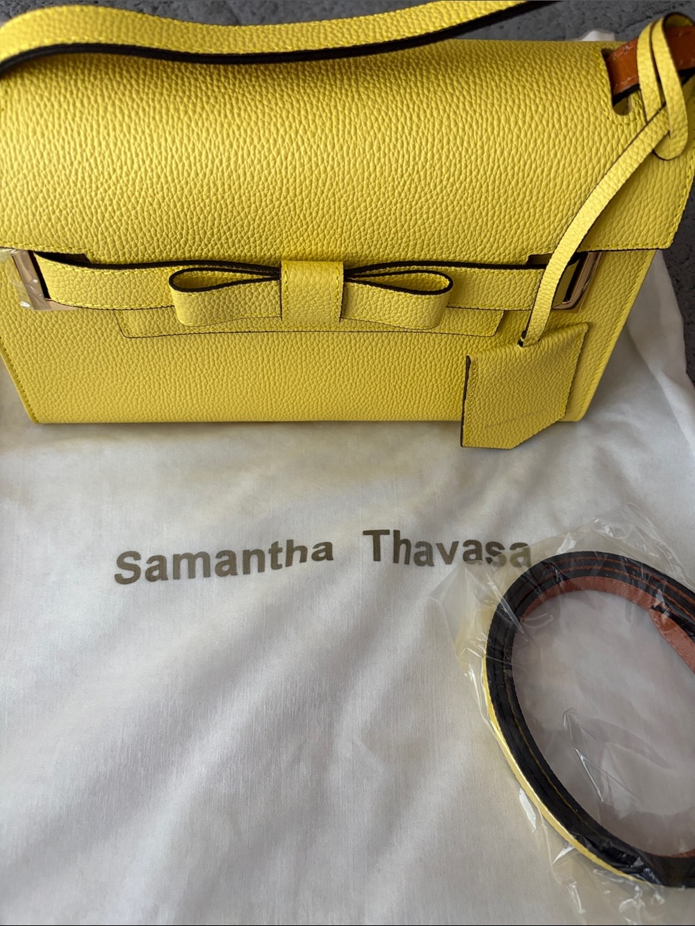 Samantha Thavasa Bright Yellow Pebbled Leather Bow Shoulder Bag